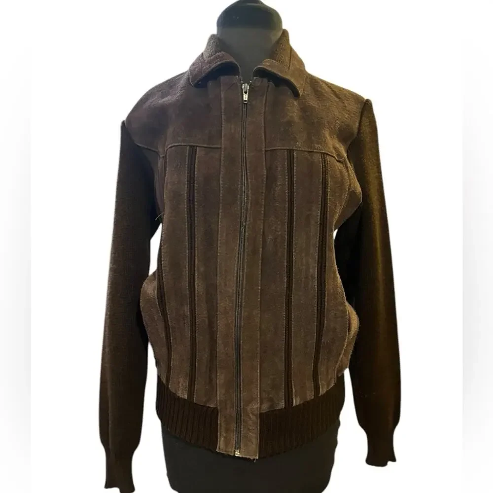 Vtg 80s Rugged Brown Suede Knit Sleeve Retro Grandpa Bomber Jacket M Retro